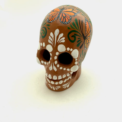 Large Clay Skull with Monarch Butterflies