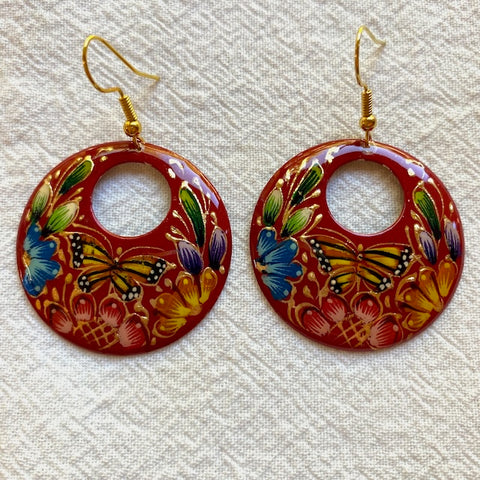 "Laca" Hoop Earrings w/Monarch Butterfly - Red
