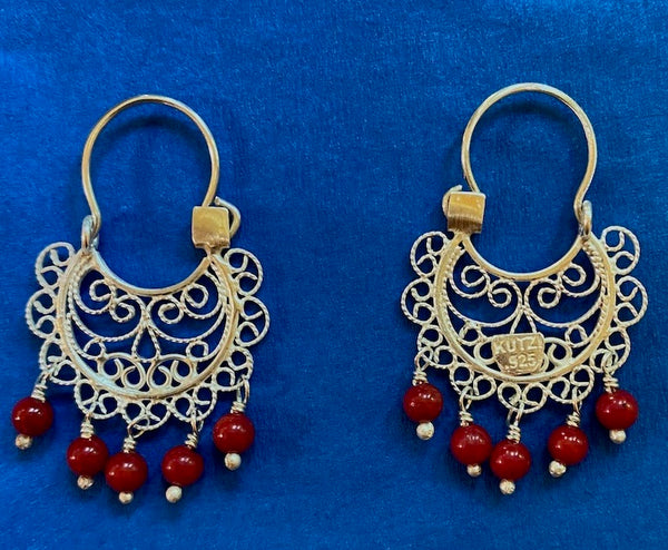 Silver Filigree Earrings with Coral Beads
