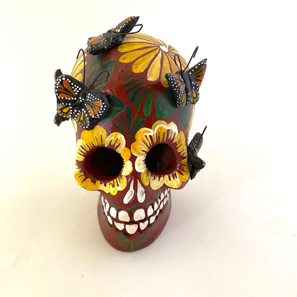 Large Clay Skull with Monarch Butterflies
