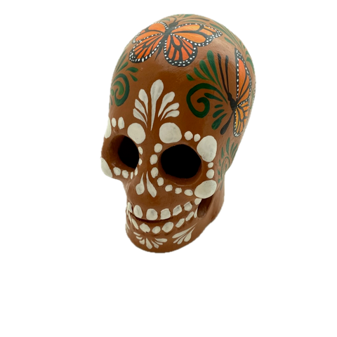 Large Clay Skull with Monarch Butterflies