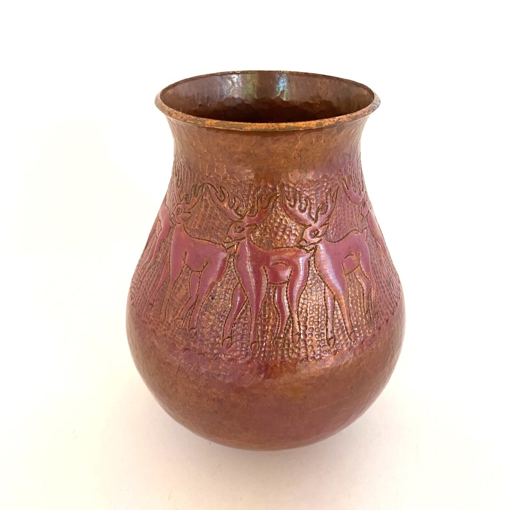 Hammered Copper Chiseled Vase with Deer