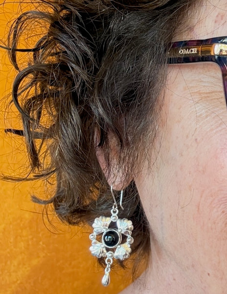 Dangling Silver Floral Earrings with Onyx