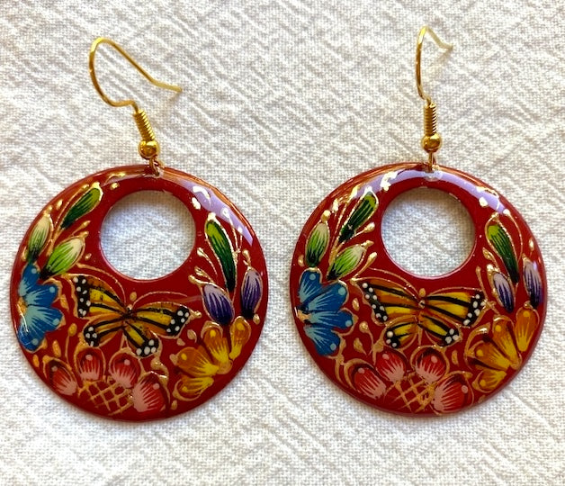 "Laca" Hoop Earrings w/Monarch Butterfly - Red