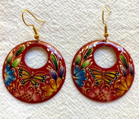 "Laca" Hoop Earrings w/Monarch Butterfly - Red