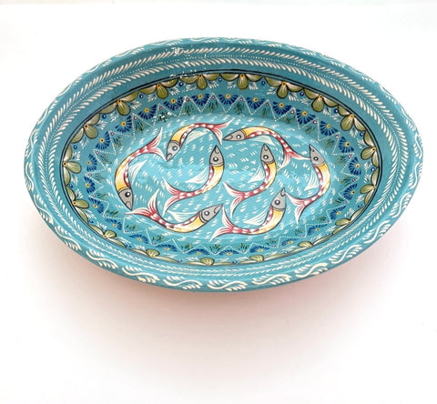 Large Oval Bowl w/Fish --Turquoise