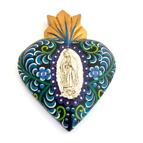 Painted  Heart with Virgin of Guadalupe Milagro