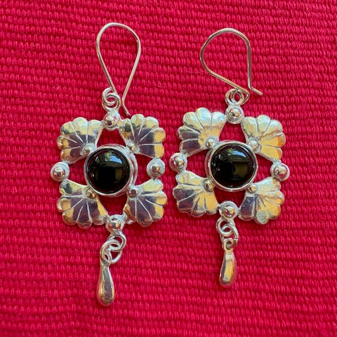 Dangling Silver Floral Earrings with Onyx