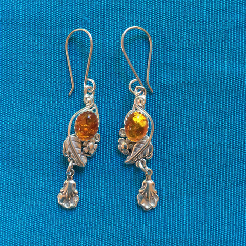 Silver Earrings- Navajo Leaf w/Amber