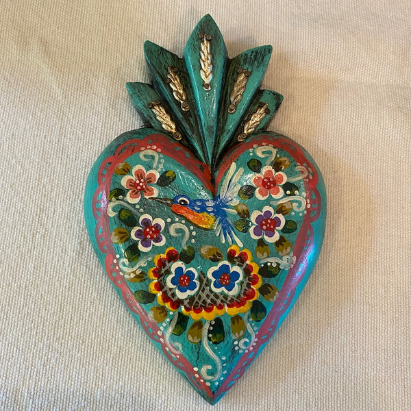 Painted Wood Heart w/Hummingbird