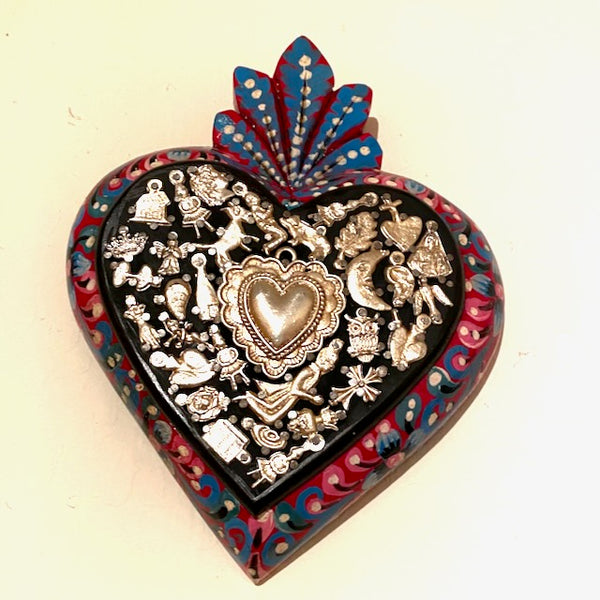 Large Painted Framed Heart w/Milagros