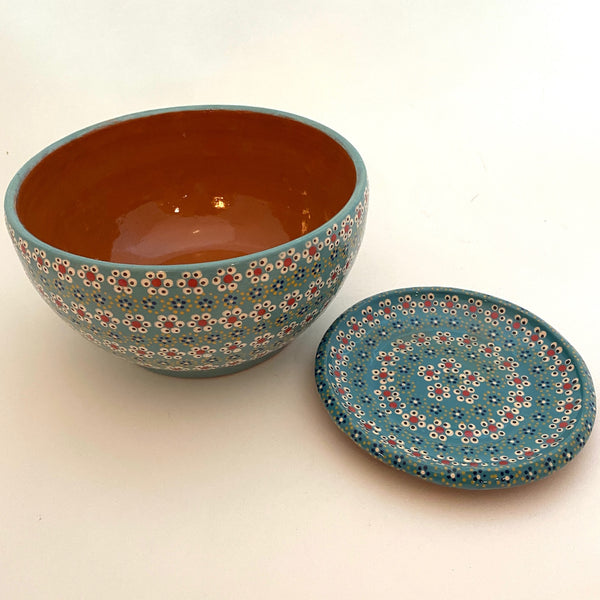 Handpainted Serving Bowl- Turquoise w/Flowers OUT OF STOCK