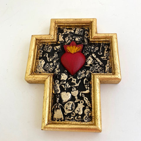 Wood Cross with Milagros & Heart